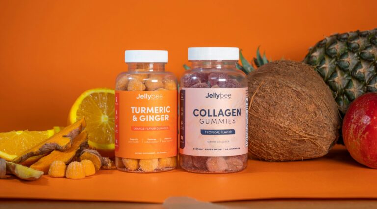 2 supplement bottles with fruit in the background