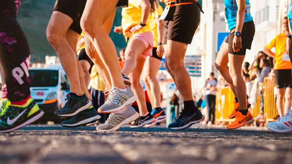 People's legs getting ready to exercise