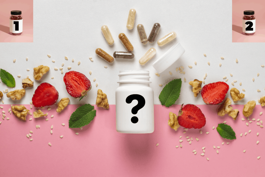 2 supplement bottles and a 3rd with a question mark and fruit