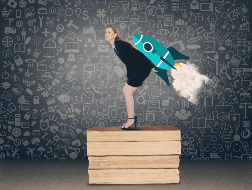 a smartly dressed woman with an animated rocket on her back - boost metabolism